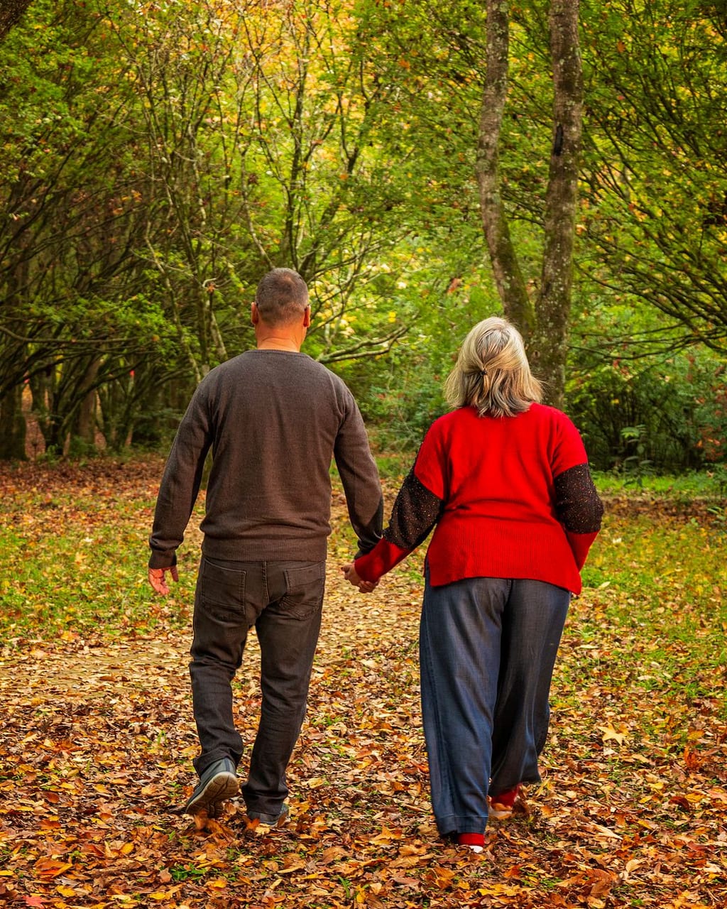 An older couple walking together, hand in hand